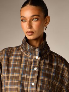 AiiRZ Plaid Windbreaker Jacket With Stand Collar Snap Button Closure Elastic Hem And Cuffs Oversized Fit Fall Winter Outerwear - Multicolor - View 4