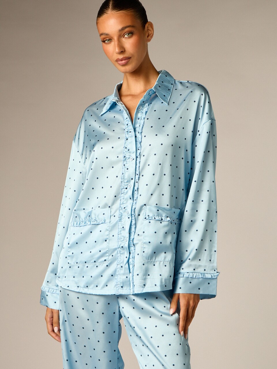 AiiRZ Satin Polka Dot Pajama Set With Ruffle Trim Collared Long Sleeve Shirt And Wide Leg Lounge Trousers Holiday Sleepwear Co-Ord