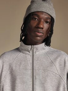 SUMWON Oversized Full-Zip Track Jacket With Mandarin Collar Button Cuffs And Chest Pocket In Heathered Fleece For Fall Winter - Grey - View 5
