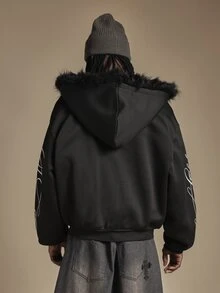 SUMWON Oversized Full-Zip Hoodie With Faux Fur Hood Trim And Cursive Script Sleeve Print Winter Street Style - Black - View 2