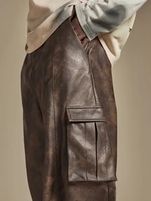 SUMWON Distressed Faux Leather Wide Leg Cargo Pants With Side Pockets Vintage Washed Baggy Trousers Fall Winter Street Style - Dark Grey - View 5