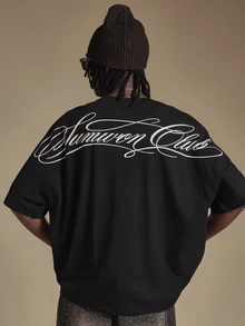 SUMWON Club Script Logo Oversized Crew Neck Short Sleeve Tee Drop Shoulder Casual Streetwear Summer Essential Top - Black - View 1