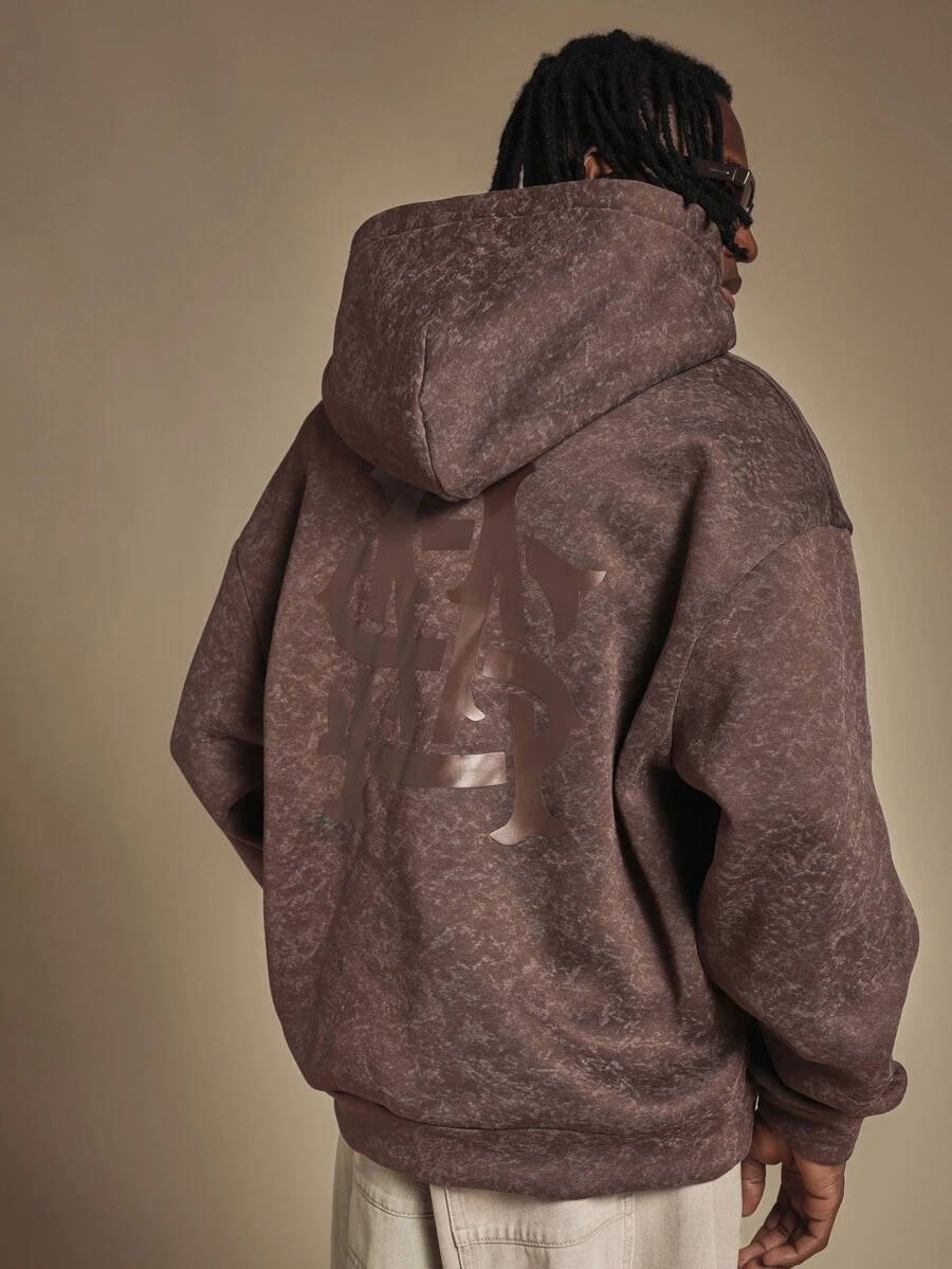 SUMWON Oversized Mineral Washed Hoodie With Back Graphic Print And Chest Embroidery Pullover Fall Winter Streetwear - Brown - View 1