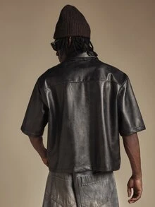 SUMWON Faux Leather Short Sleeve Boxy Crop Shirt With Point Collar And Chest Pocket Edgy Street Style Summer Essential - Black - View 2