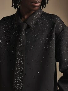 SUMWON Oversized Black Long Sleeve Button Front Collared Shirt With Scattered Rhinestone Crystal Embellishments Perfect For Night Out Party - Black - View 5