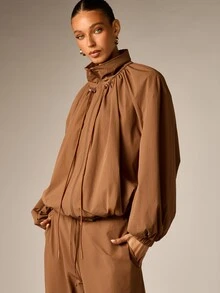 AiiRZ Oversized Ruched Windbreaker Jacket With Stand Collar Full Zip Balloon Sleeves And Drawstring Hem For Fall Winter - Coffee Brown - View 1