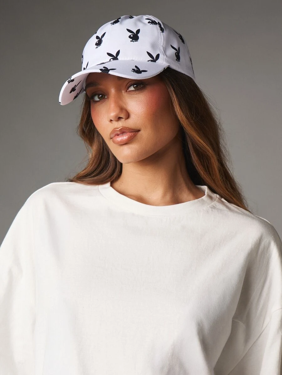 Missguided x Playboy Topi Baseball Motif Logo Kelinci di Seluruh Permukaan, Model Snapback yang Dapat Diatur, Topi Ayah, Aksesori Festival Musim Panas - Putih - View 1