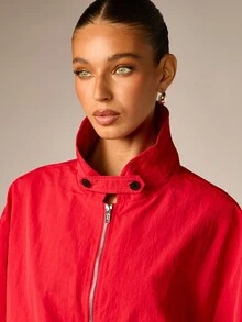 AiiRZ Oversized Windbreaker Jacket With Stand Collar Full Zip Closure Elasticated Cuffs And Patch Pocket Lightweight Outerwear For Fall Winter - Red - View 4