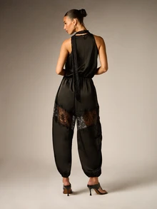 AiiRZ Satin Lace Trim Halter Neck Full Length Jumpsuit With Lace Insert Panels Elastic Waist Relaxed Fit Evening Party - Black - View 2