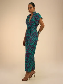 Dancing Leopard Green And Purple Animal Print Belted Jumpsuit, Holiday/Vacation Wear - Multicolor - View 5