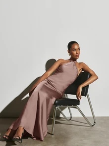 KSTM Satin Halter Neck Dress With Twisted Knot Detail And Open Back - Elegant Floor Length Slip Gown For Wedding Guest And Evening Events Party - Bronze - View 4