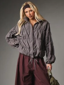 MISSGUIDED Cropped Ruched Windbreaker Jacket With Stand Collar Full Zip Closure Drawstring Hem And Elasticated Cuffs Fall Winter Outerwear - Grey - View 1