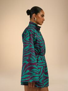 Dancing Leopard Green Zebra Print Toggle Waist Mini Dress, Everyday Weekend Wear - Multicolor - View 8
