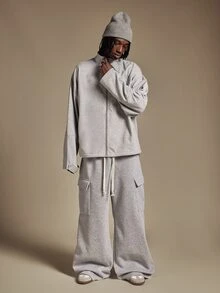 SUMWON Oversized Full-Zip Track Jacket With Mandarin Collar Button Cuffs And Chest Pocket In Heathered Fleece For Fall Winter - Grey - View 3
