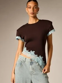 AiiRZ Chocolate Brown Crop T-Shirt With Light Blue Floral Lace Hem And Sleeve Trim Crew Neck Short Sleeve Spring Summer Top - Brown - View 4