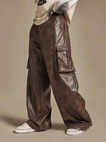 SUMWON Distressed Faux Leather Wide Leg Cargo Pants With Side Pockets Vintage Washed Baggy Trousers Fall Winter Street Style - Dark Grey - View 1