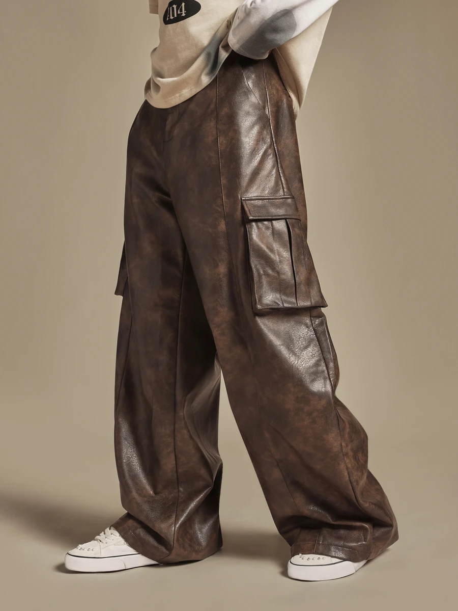 SUMWON Distressed Faux Leather Wide Leg Cargo Pants With Side Pockets Vintage Washed Baggy Trousers Fall Winter Street Style - Dark Grey - View 1
