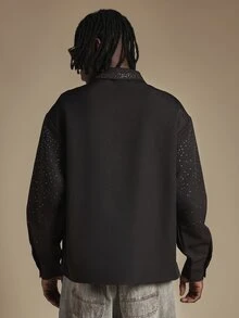 SUMWON Oversized Black Long Sleeve Button Front Collared Shirt With Scattered Rhinestone Crystal Embellishments Perfect For Night Out Party - Black - View 2
