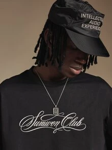 SUMWON Club Oversized Crew Neck Short Sleeve Graphic Text Tee With Metal Eyelet Hem Detail Streetwear Drop Shoulder T-Shirt - Black - View 6