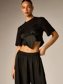 AiiRZ Black Crop T-Shirt With Satin Lace-Trim Bralette Overlay Short Sleeve Layered Top Spring Summer Night Out - Black - View 1