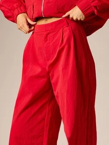 AiiRZ Wide Leg High Rise Pleated Casual Pants In Crinkle Nylon With Side Pockets Full Length Relaxed Fit Trousers - Red - View 4