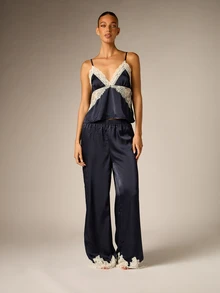 AiiRZ Satin Lace Trim Cami And Wide Leg Trouser Co-Ord Set Luxe Loungewear Pyjama Two-Piece Sleepwear Holiday Gift - Navy Blue - View 4