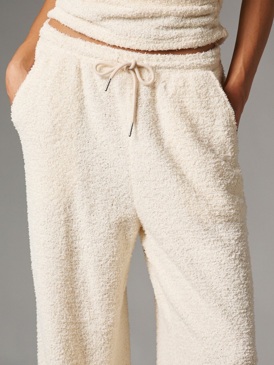 MISSGUIDED Boucle Wide Leg Casual Pants With Drawstring Waist And Side Pockets Full Length Cozy Lounge Palazzo Trousers Fall Winter