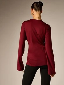 AiiRZ Longline Bell Sleeve Top With Gold Hardware Side Ruching Detail Crew Neck Oversized Fit Fall Winter Festive Season - Burgundy - View 2