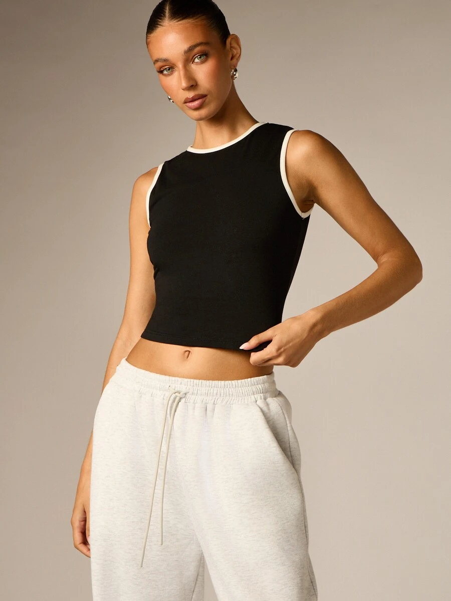 AiiRZ Contrast Trim Crew Neck Sleeveless Crop Tank Top With White Binding Detail Fitted Stretch Knit Summer Essential - Black - View 1