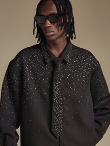 SUMWON Oversized Black Long Sleeve Button Front Collared Shirt With Scattered Rhinestone Crystal Embellishments Perfect For Night Out Party - Black - View 6