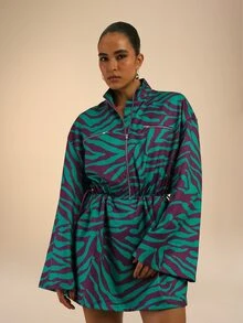 Dancing Leopard Green Zebra Print Toggle Waist Mini Dress, Everyday Weekend Wear - Multicolor - View 4