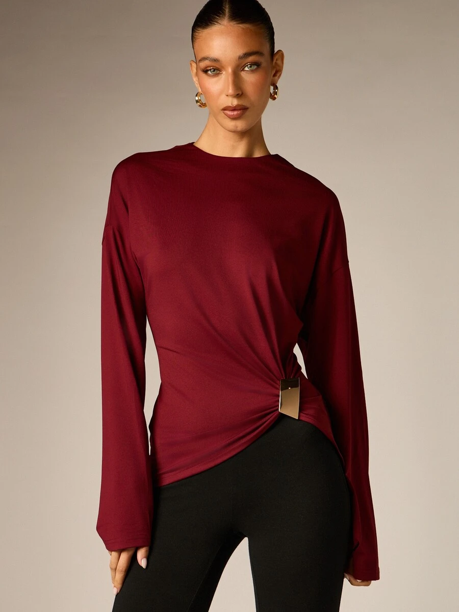 AiiRZ Longline Bell Sleeve Top With Gold Hardware Side Ruching Detail Crew Neck Oversized Fit Fall Winter Festive Season - Burgundy - View 1