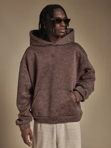 SUMWON Oversized Mineral Washed Hoodie With Back Graphic Print And Chest Embroidery Pullover Fall Winter Streetwear - Brown - View 4