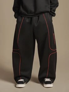 SUMWON Wide Leg Track Pants With Red Contrast Piping And Logo Print Curved Panel Detail Elastic Waistband Full Length - Black - View 4