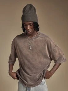 SUMWON Oversized Acid Washed Crew Neck Short Sleeve Boxy Drop Shoulder T-Shirt Vintage Distressed Faded Casual Streetwear Tee - Brown - View 4