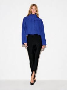 KIZN Jaket Windbreaker Crop Oversized dengan Kerah Tinggi, Resleting Depan, Lengan Panjang, dan Hem Elastis, Pakaian Luar Kasual Musim Semi - Biru - View 5
