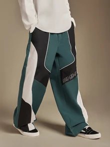 SUMWON Wide Leg Color Block Track Pants With Contrast Piping Detail And Logo Print Side Panel Street Style Full Length Trousers - Green - View 4