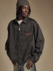 SUMWON Oversized Pinstripe Long Sleeve Button-Up Shirt With Chest Pocket And Script Logo Back Graphic Detail - Black - View 4