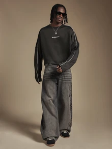 SUMWON Oversized Crew Neck Sweatshirt With White Contrast Piping And Large Back Logo Print Long Sleeve Pullover - Black - View 3