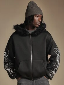 SUMWON Oversized Full-Zip Hoodie With Faux Fur Hood Trim And Cursive Script Sleeve Print Winter Street Style - Black - View 4