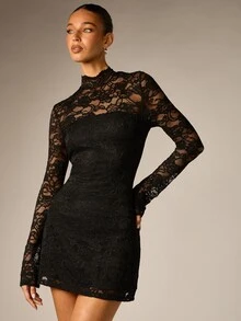 AiiRZ Floral Lace Mini Dress With High Neck Long Bell Sleeves Bodycon Fit Semi Sheer Party Evening Style - Black - View 4