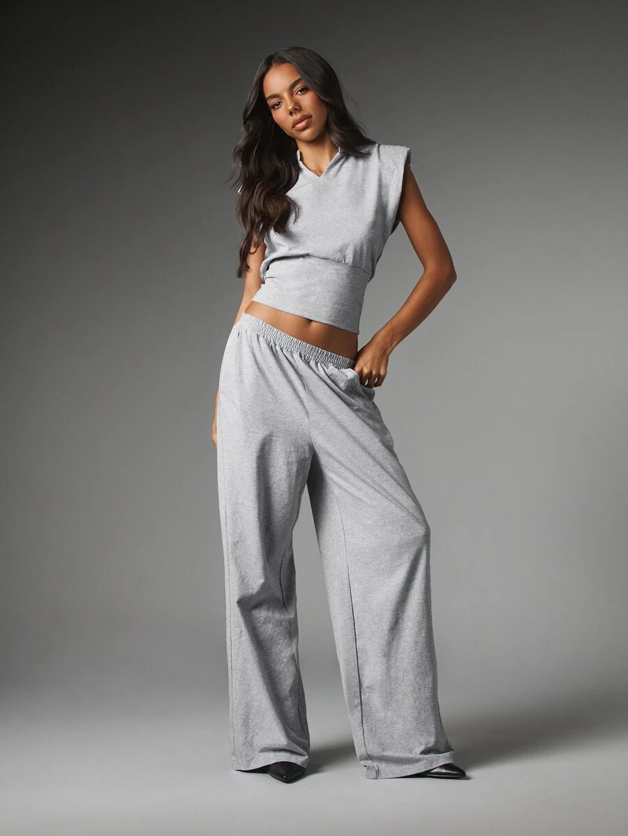 MISSGUIDED Bộ phối đồ gồm áo vest crop sát nách cổ chữ V độn vai và quần ống rộng dài toàn thân cạp chun - Xám - Xem 1
