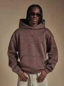 SUMWON Oversized Mineral Washed Hoodie With Back Graphic Print And Chest Embroidery Pullover Fall Winter Streetwear - Brown - View 2