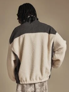 SUMWON Oversized Two-Tone Sherpa Fleece Zip-Up Jacket With Ribbed Collar Embroidered Logo Hip Length Long Sleeve Winter Outerwear - Multicolor - View 2
