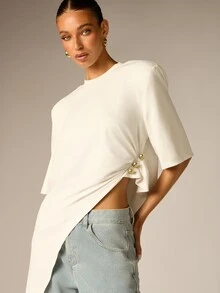 AiiRZ Asymmetric High-Low Pearl Button Ruched Side Crew Neck Short Sleeve Oversized Top Spring Summer Casual Chic - White - View 3