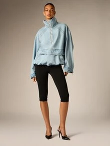 AiiRZ Oversized Denim Half-Zip Jacket With Stand Collar And Drop Shoulder Silhouette Light Wash Vintage Style Fall Winter Outerwear - Blue - View 6