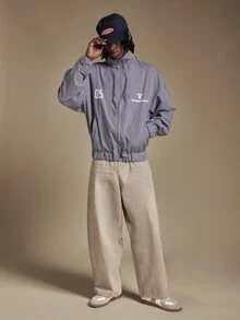 SUMWON Gingham Check Harrington Jacket With Full Zip Closure Ribbed Hem Oversized Fit And Logo Chest Print Spring Summer Outerwear - Blue and White - View 3