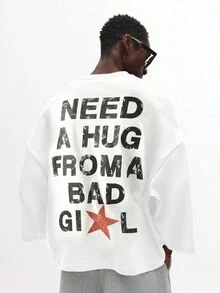SUMWON Oversized Crew Neck Short Sleeve Tee With Distressed Slogan Back Print And Red Star Graphic Detail - White - View 1