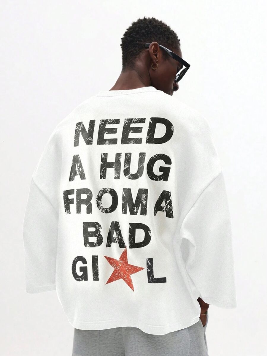 SUMWON Oversized Crew Neck Short Sleeve Tee With Distressed Slogan Back Print And Red Star Graphic Detail - White - View 1
