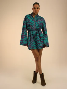 Dancing Leopard Green Zebra Print Toggle Waist Mini Dress, Everyday Weekend Wear - Multicolor - View 6